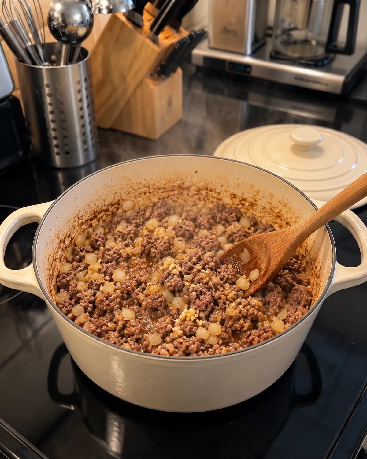 Ground beef browning with onion and garlic in a cream Dutch oven