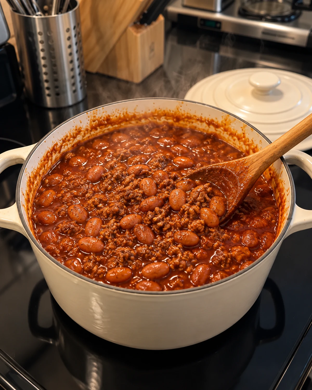 Ground beef and pinto beans simmering in thick chile colorado sauce