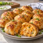 Golden cheesy buffalo ranch chicken bombs with creamy chicken filling