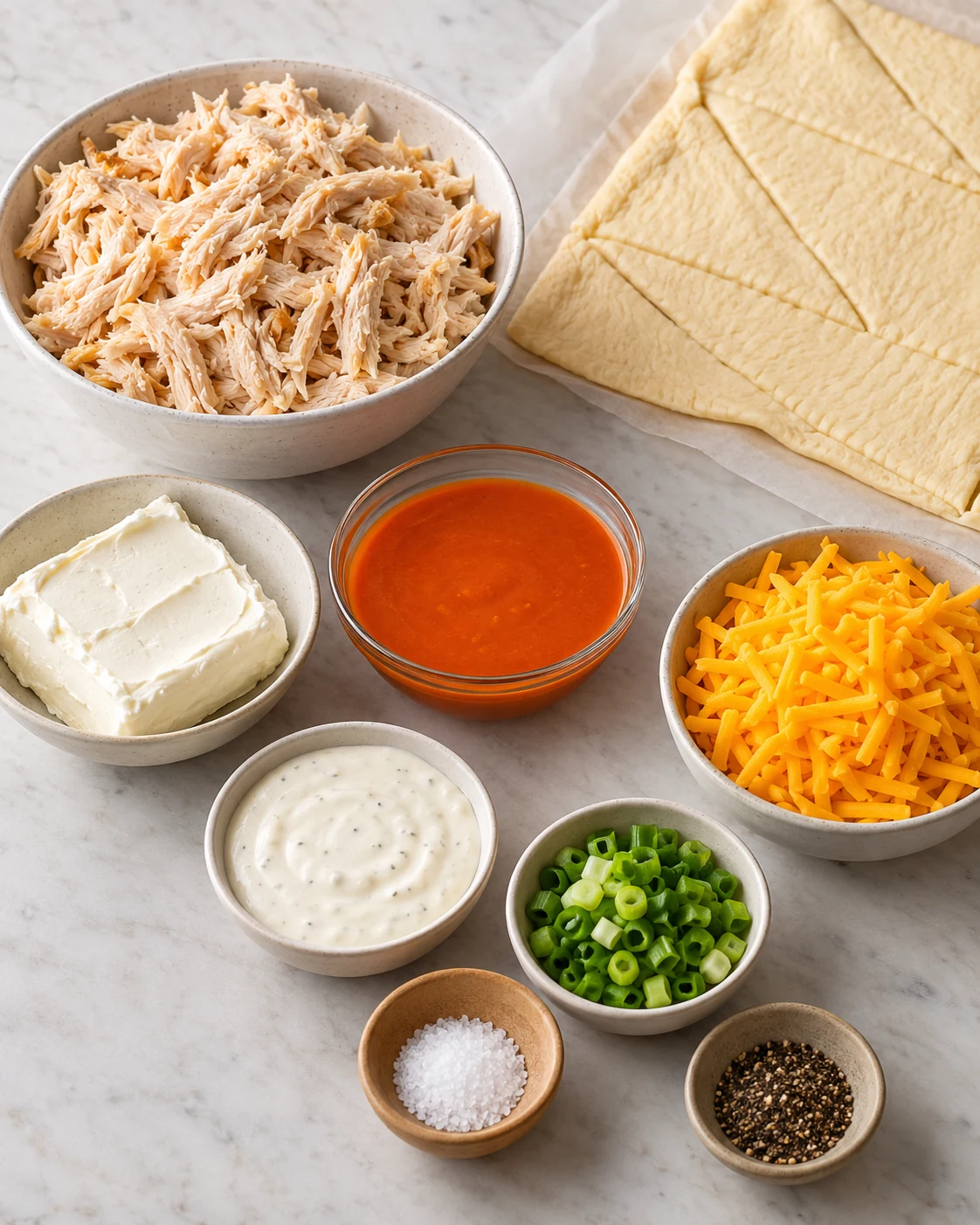 Shredded chicken, cream cheese, buffalo sauce, cheddar, crescent dough, ranch, green onions, salt, and pepper