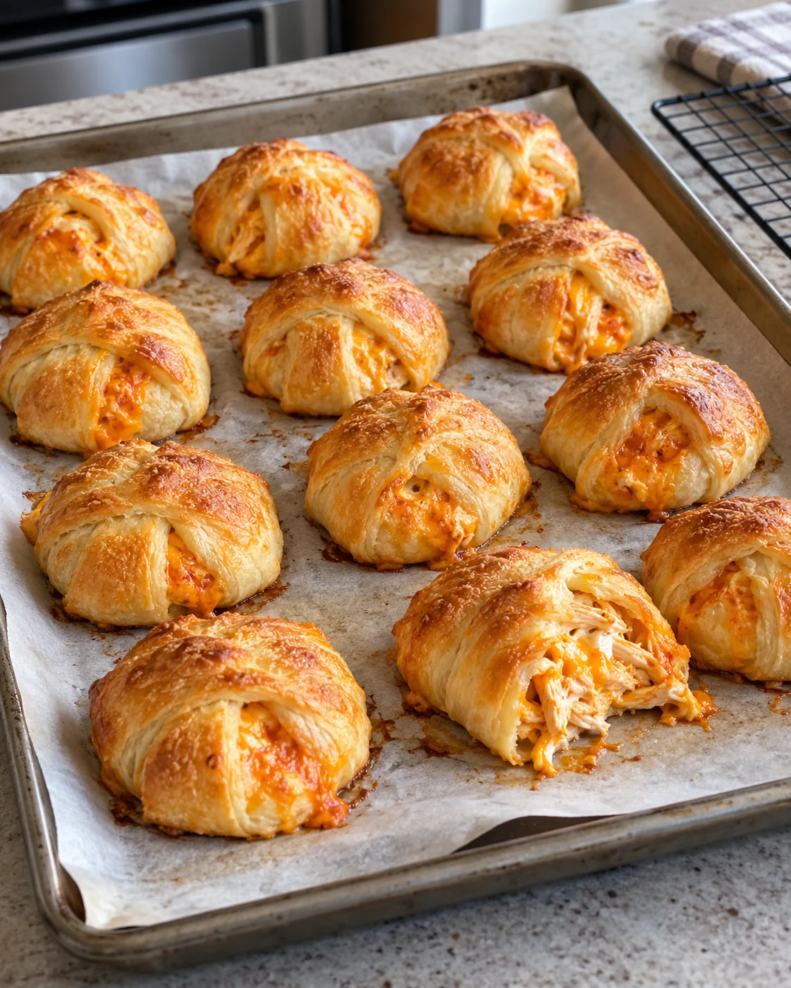 Cheesy buffalo ranch chicken bombs baked golden on a parchment-lined pan