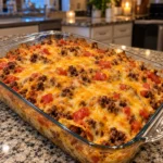 Cheesy Loaded Taco Casserole baked in a clear glass dish with golden cheese, beef, and tomatoes