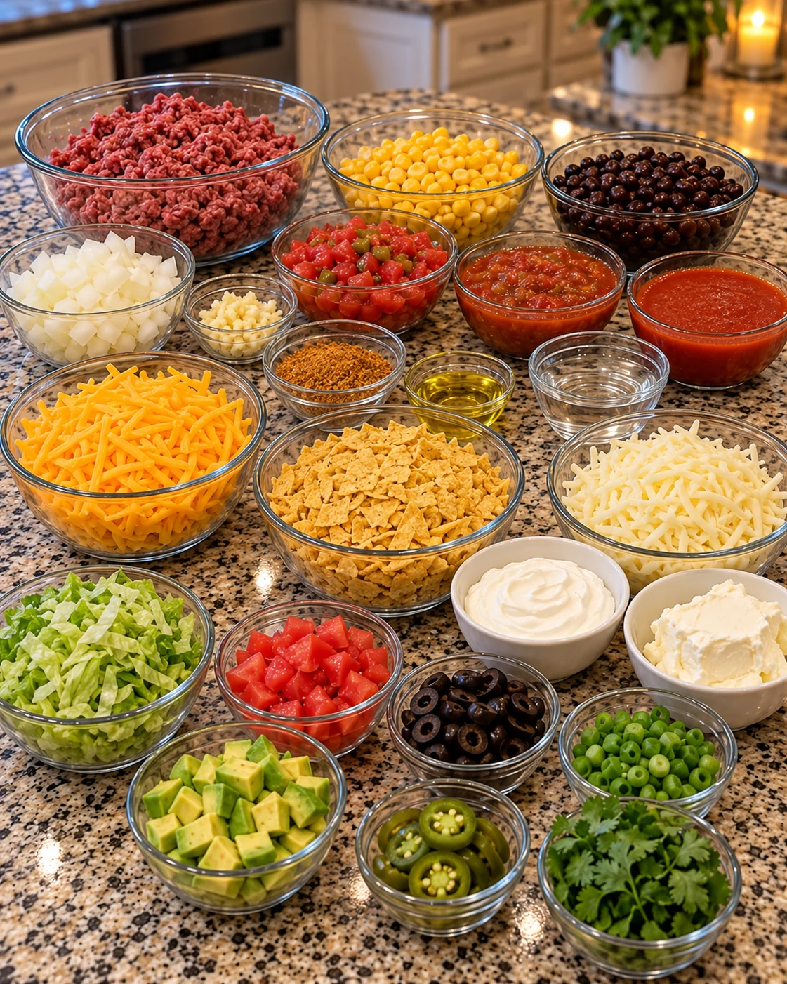 Ground beef, beans, corn, tomatoes, tortilla chips, cheeses, taco seasoning, and fresh taco toppings