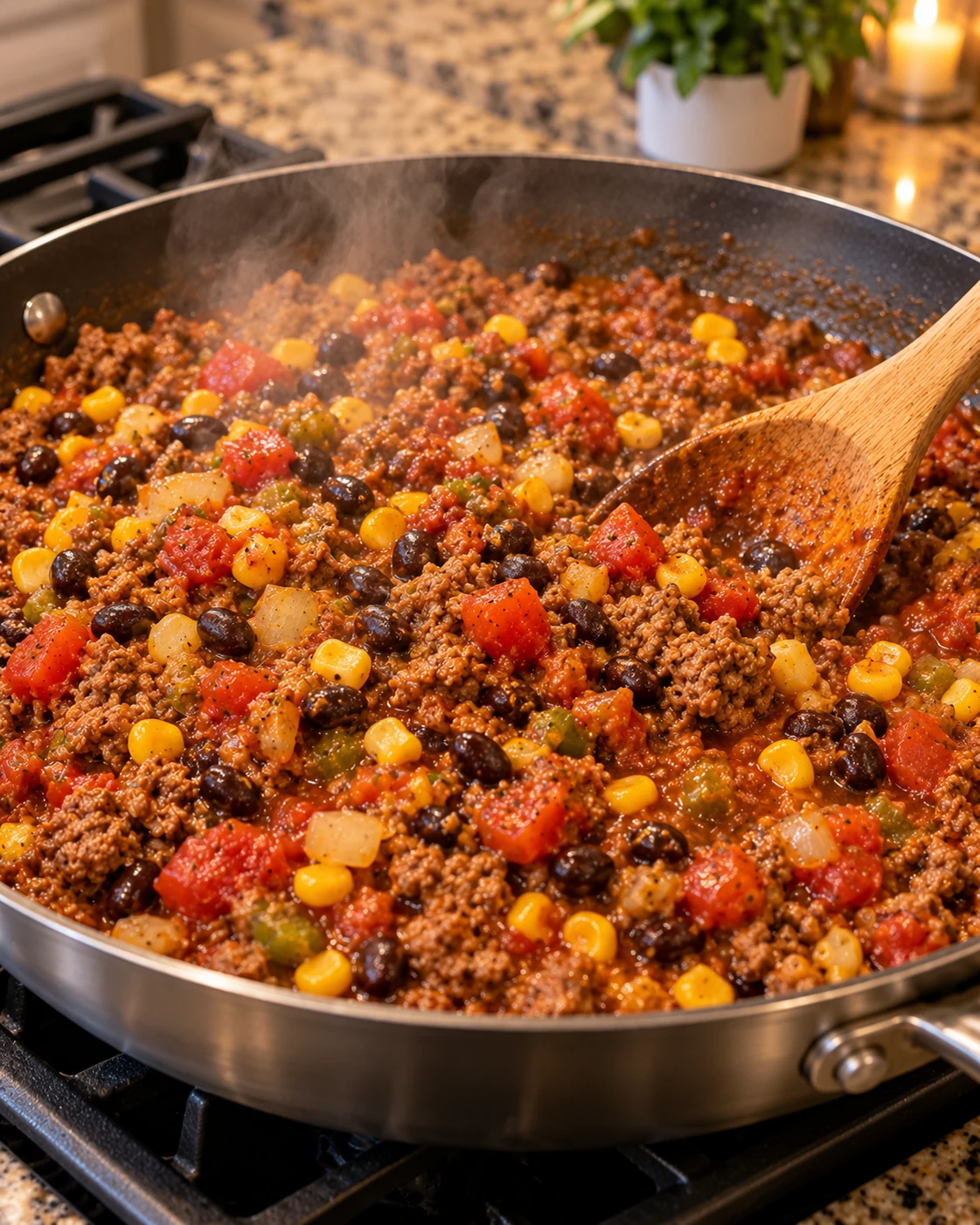 Seasoned taco beef filling simmering with black beans, corn, tomatoes, salsa, and onion
