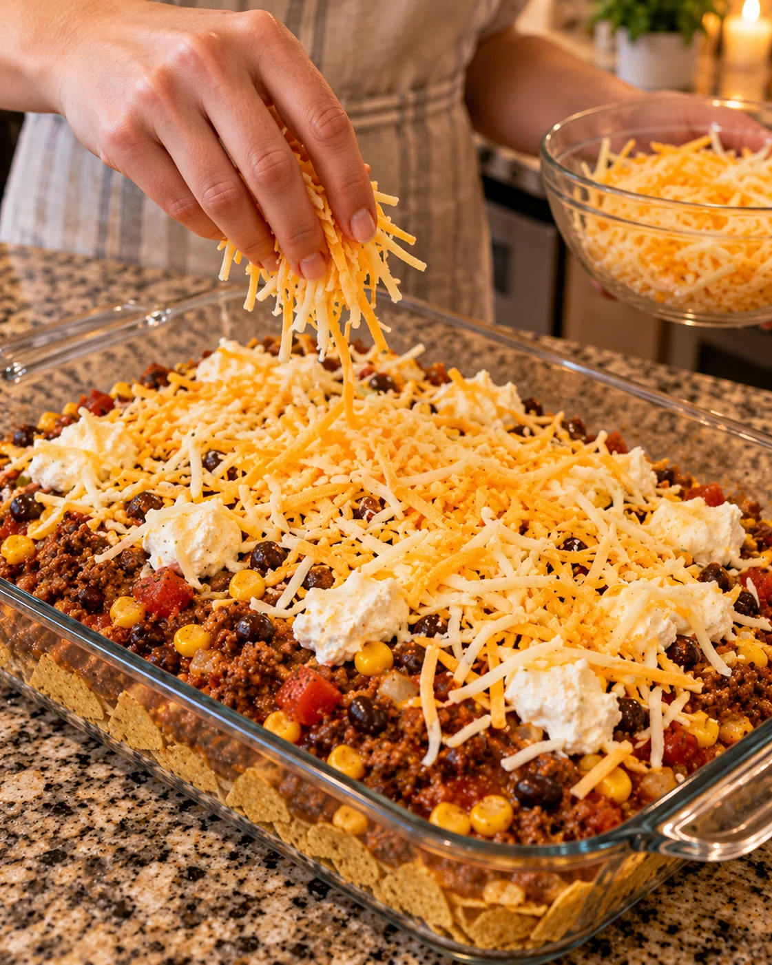 Cheesy taco casserole layered with tortilla chips, beef filling, creamy mixture, and shredded cheese