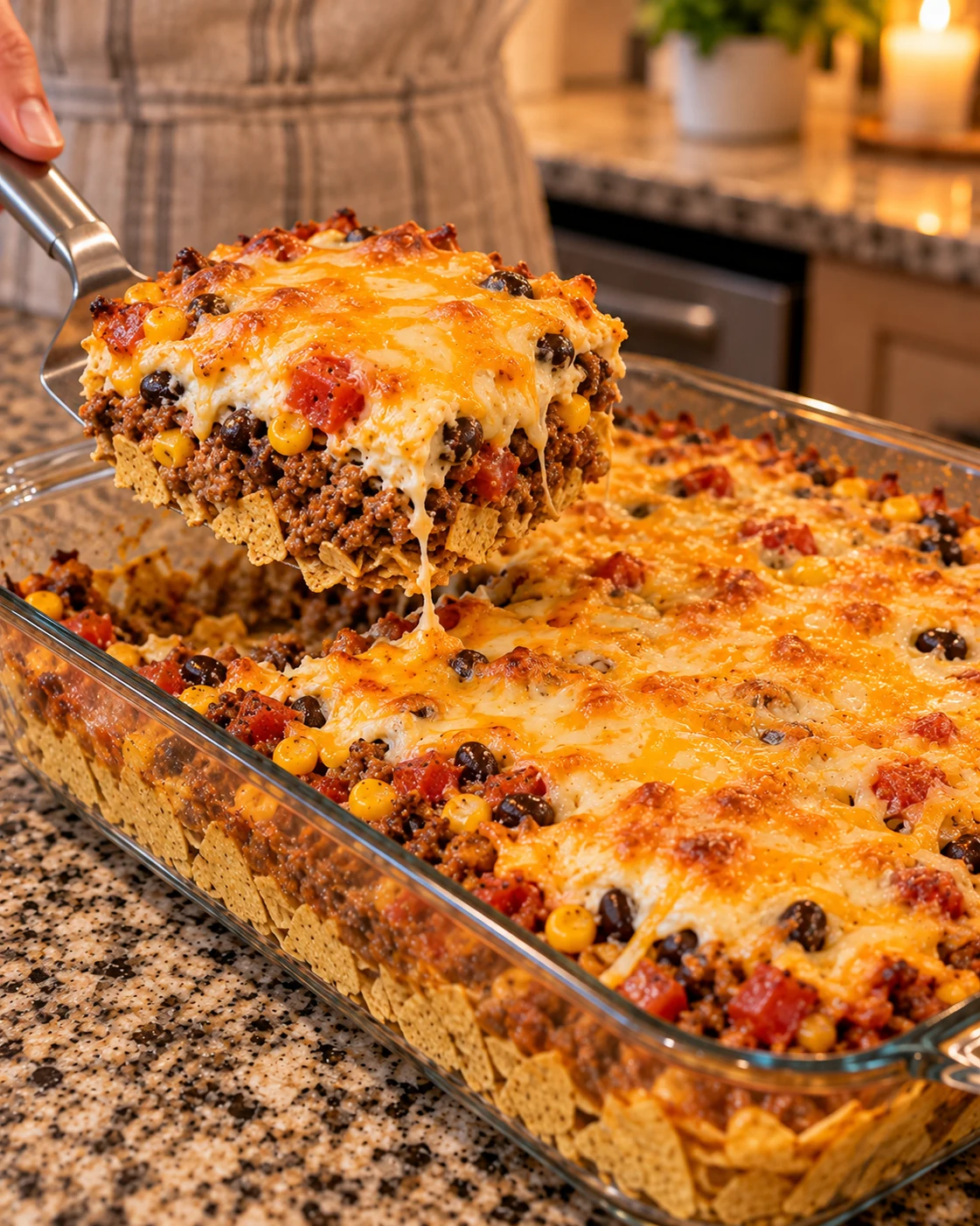 Baked taco casserole portion lifted from a glass dish to reveal the layered filling
