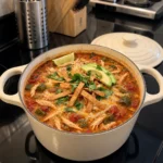 Chile Relleno chicken tortilla soup with roasted poblanos, tortilla strips, avocado, cilantro, and lime