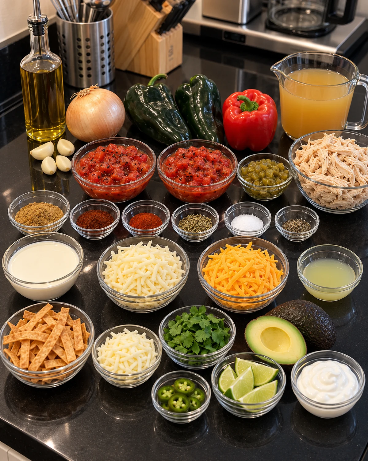 Ingredients for Chile Relleno chicken tortilla soup with poblanos, chicken, tomatoes, peppers, broth, cream, cheese, and toppings