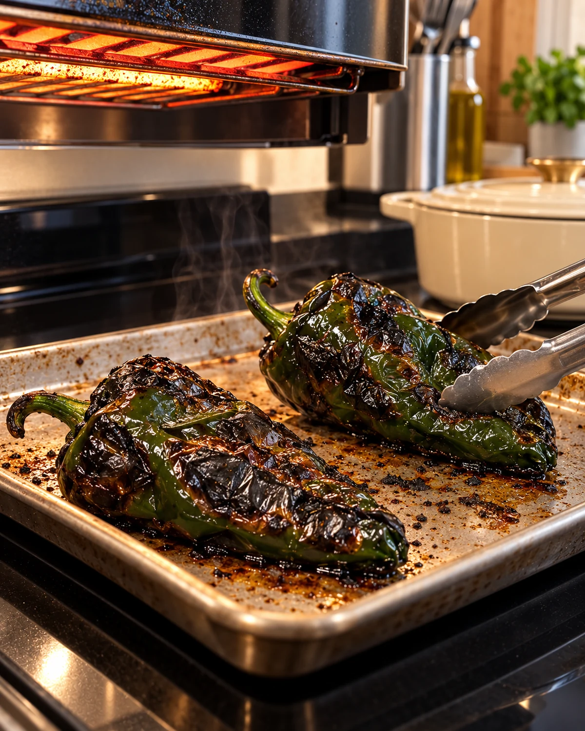 Poblano peppers blistered and charred under the broiler for Chile Relleno chicken soup