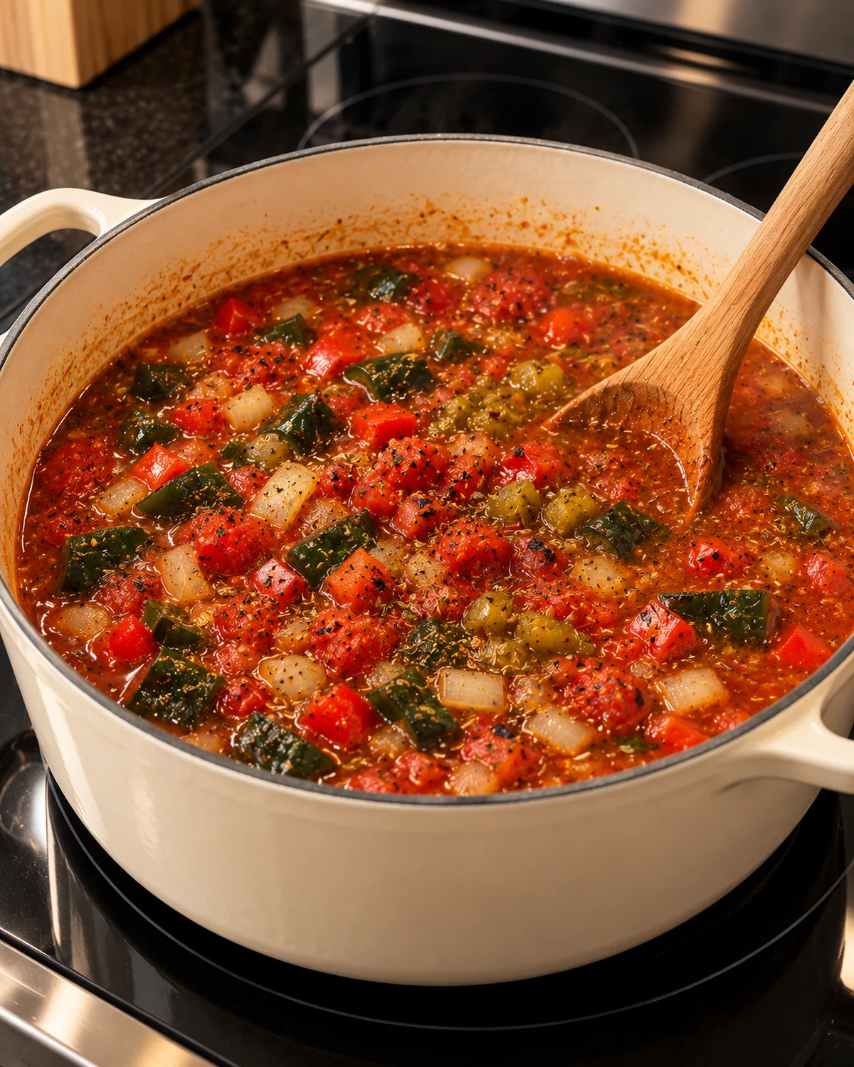 Fire-roasted tomato, poblano, onion, and red pepper soup base simmering in a cream Dutch oven