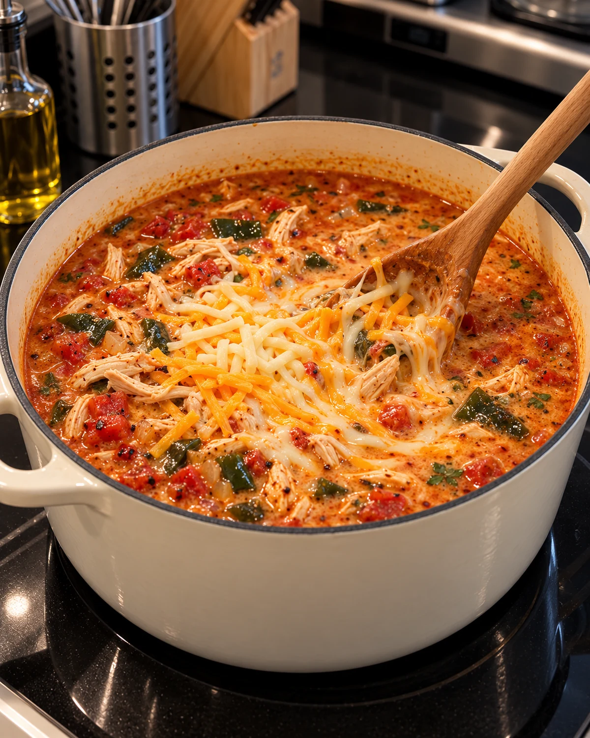 Monterey Jack and cheddar melting into creamy fire-roasted tomato poblano chicken soup