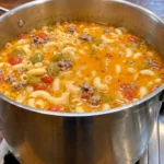 Chile Verde Sopita with elbow macaroni sausage beef and Hatch green chile