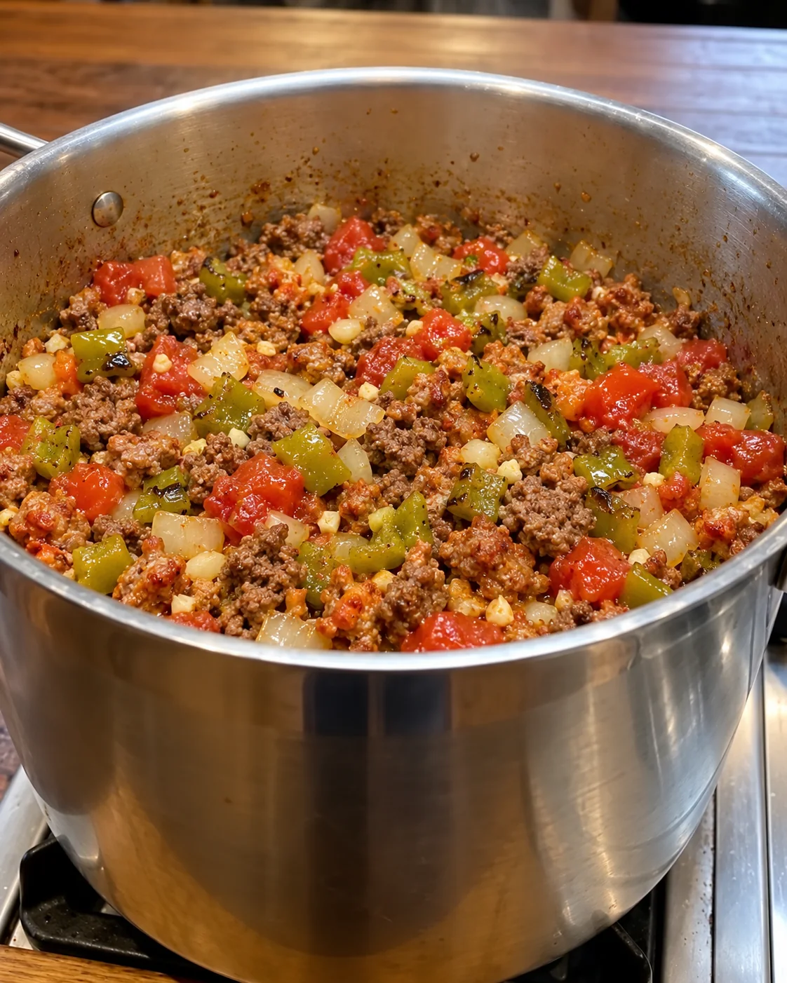 Ground beef sausage Hatch green chiles tomatoes and onion cooking in a stockpot