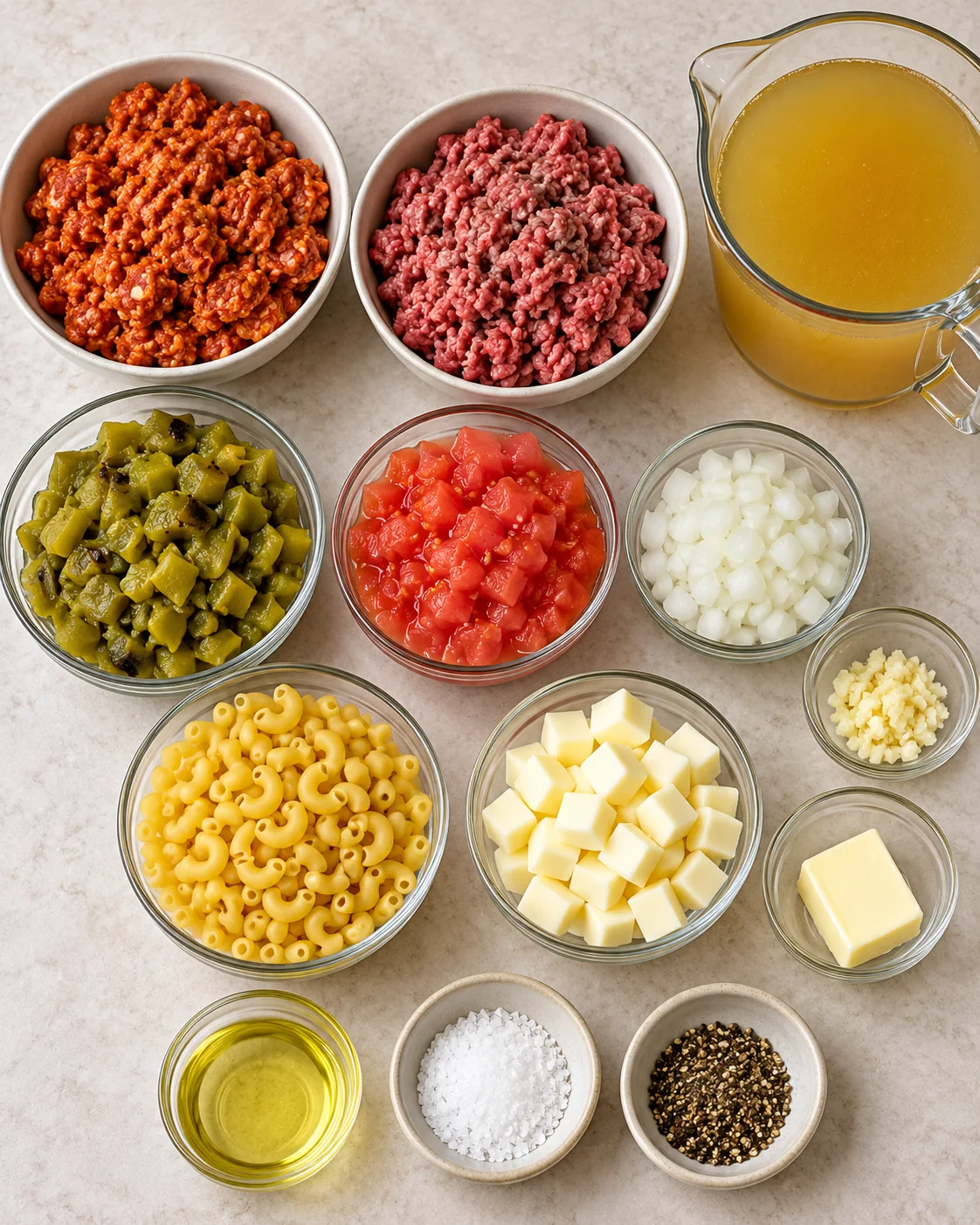Ingredients for Chile Verde Sopita arranged on a kitchen counter
