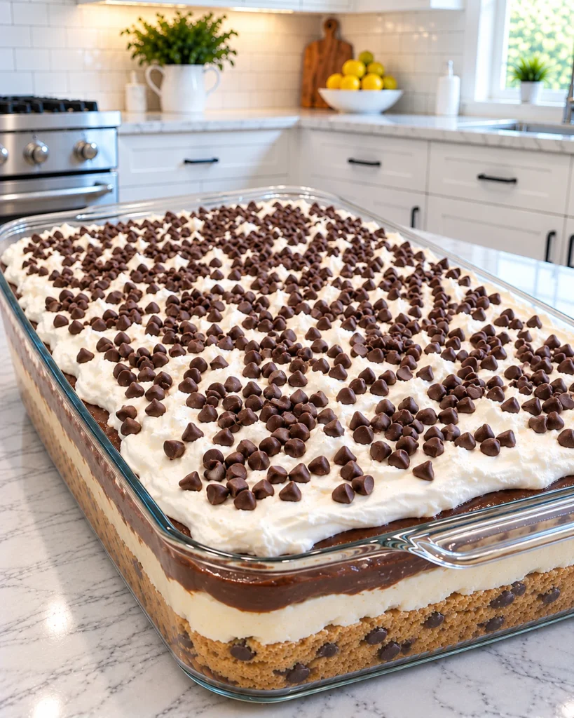 Chocolate chip cookie pudding cake layered in a clear glass baking dish