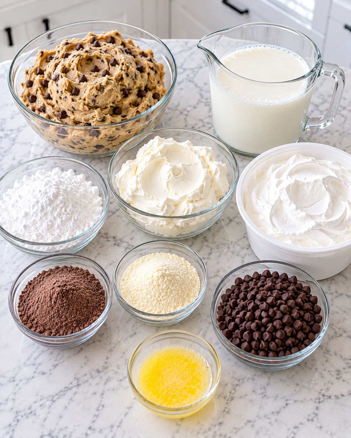 Ingredients for chocolate chip cookie pudding cake on a marble countertop