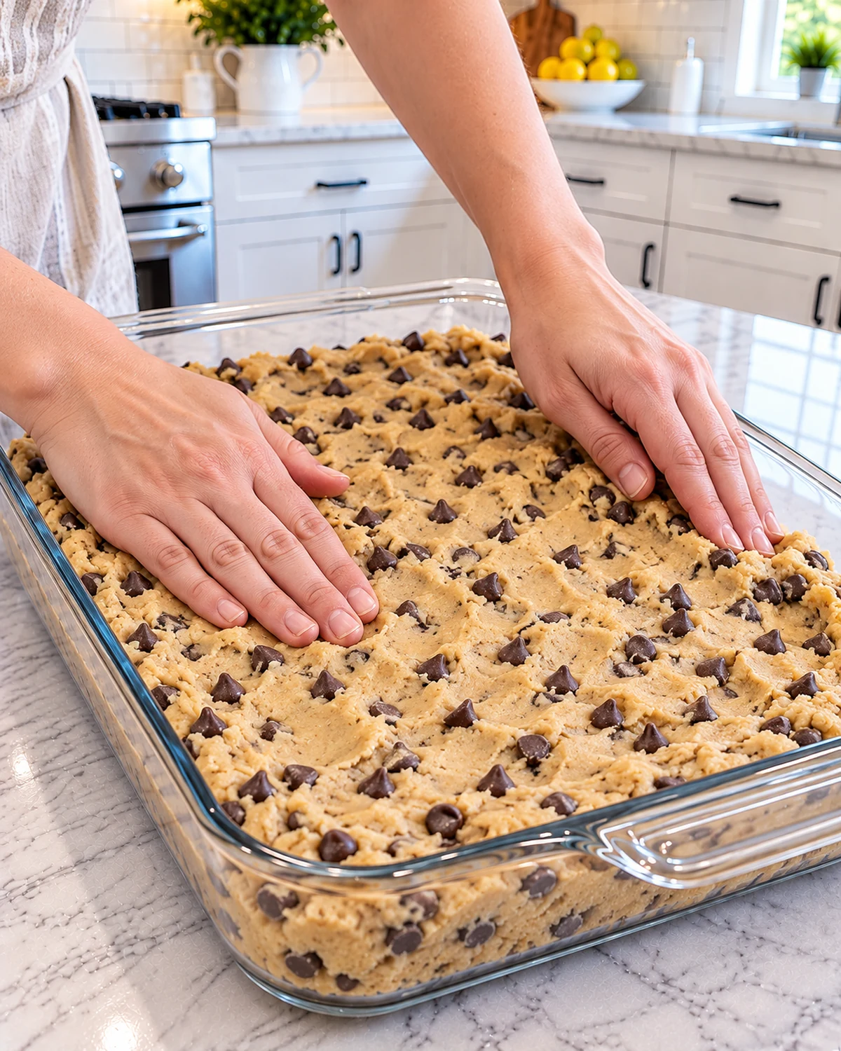 Chocolate chip cookie dough pressed into a 9 by 13-inch glass baking dish