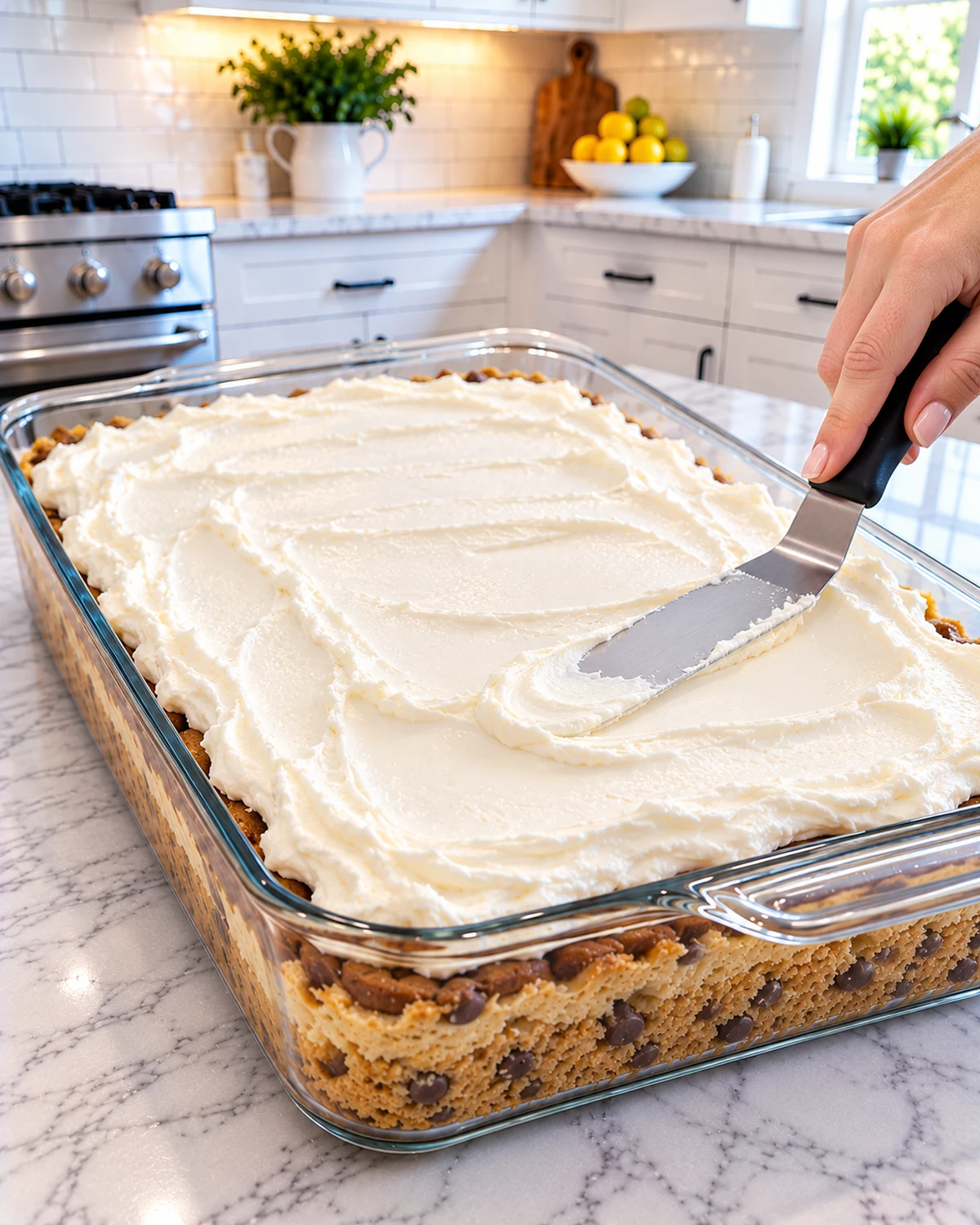 Cream cheese filling spread over a cooled chocolate chip cookie crust