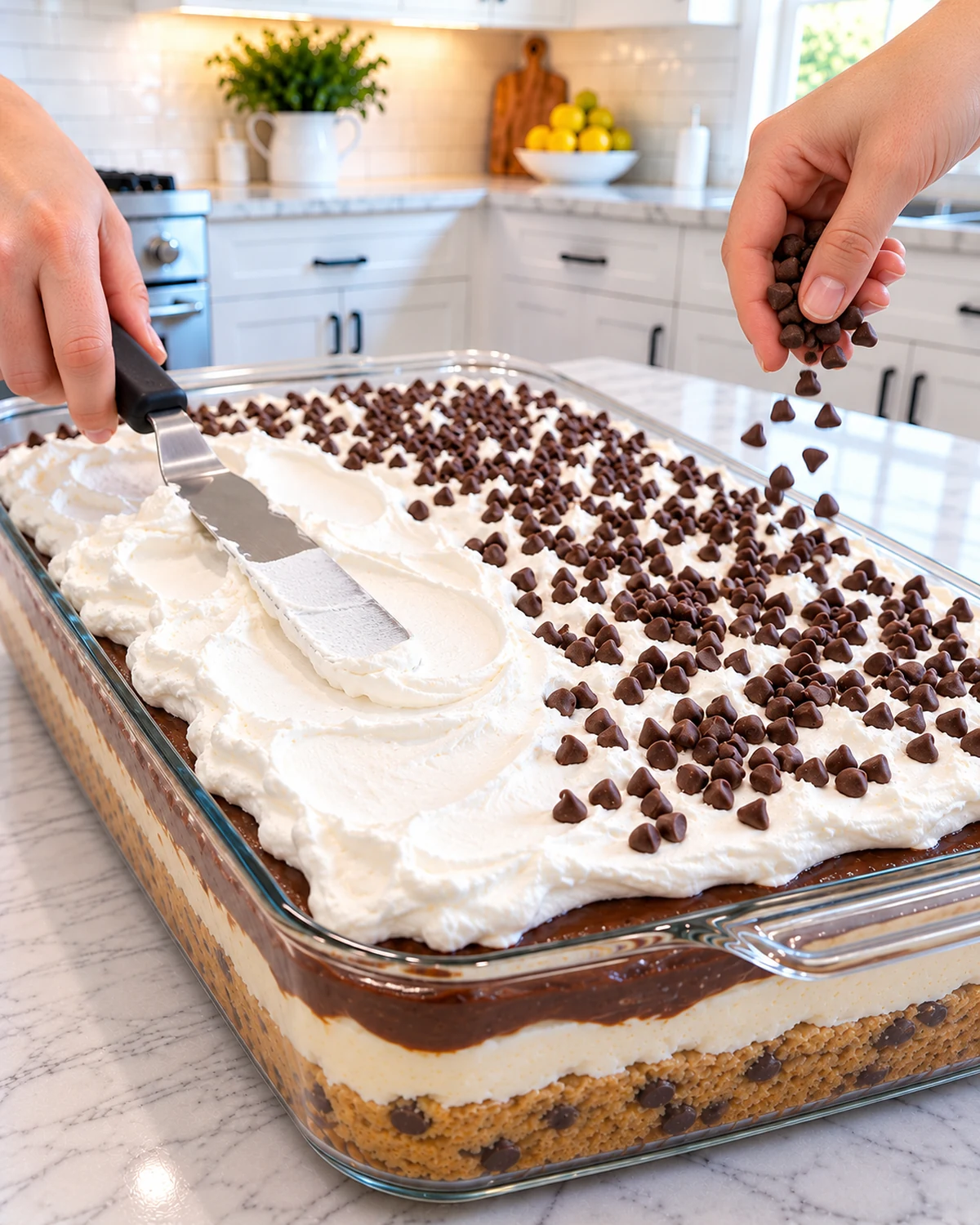Whipped topping and mini chocolate chips added over chocolate pudding