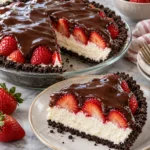 Chocolate covered strawberry pie with cream cheese filling and cookie crust