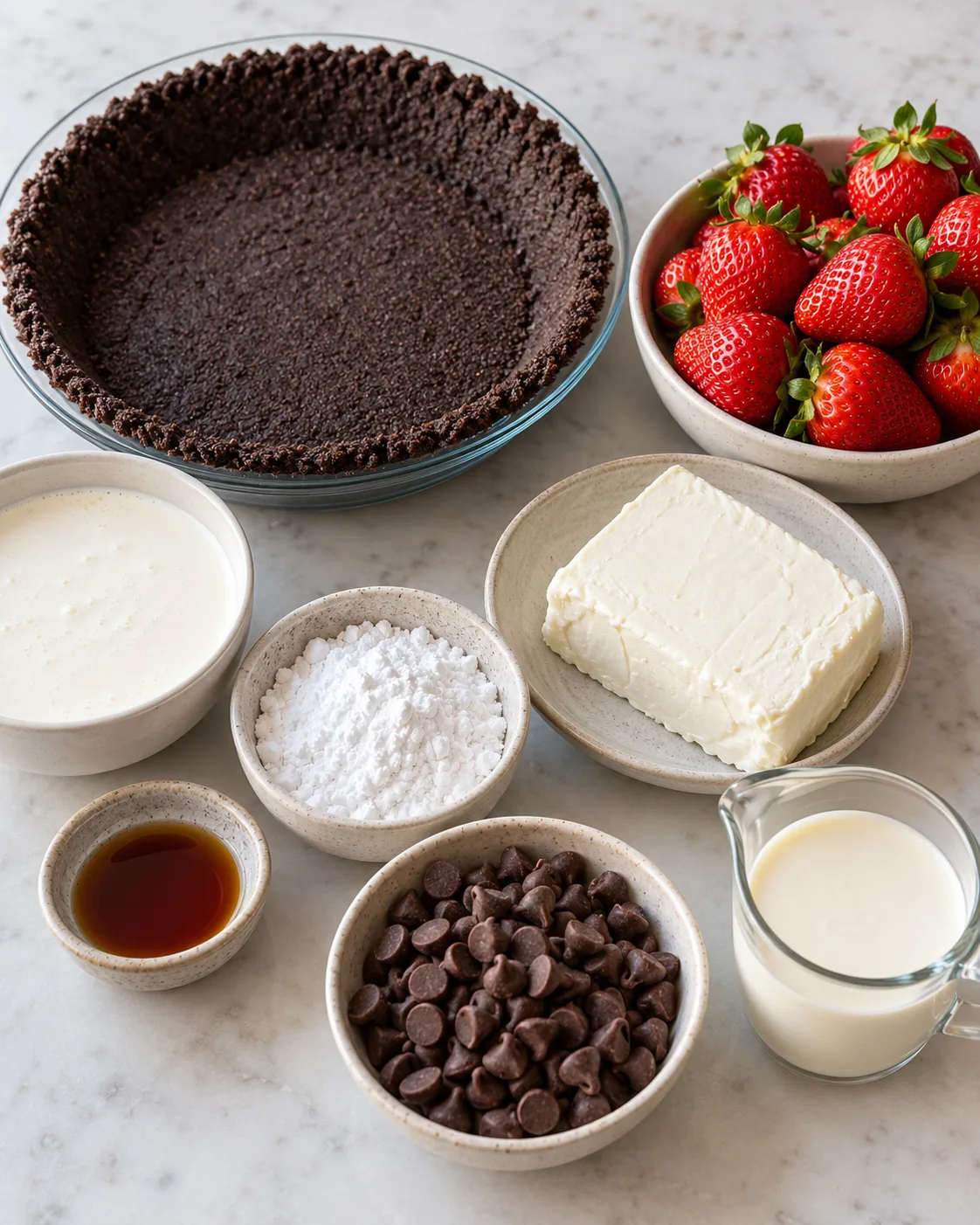 Chocolate cookie crust, cream cheese, powdered sugar, vanilla, heavy cream, strawberries, and semi-sweet chocolate chips