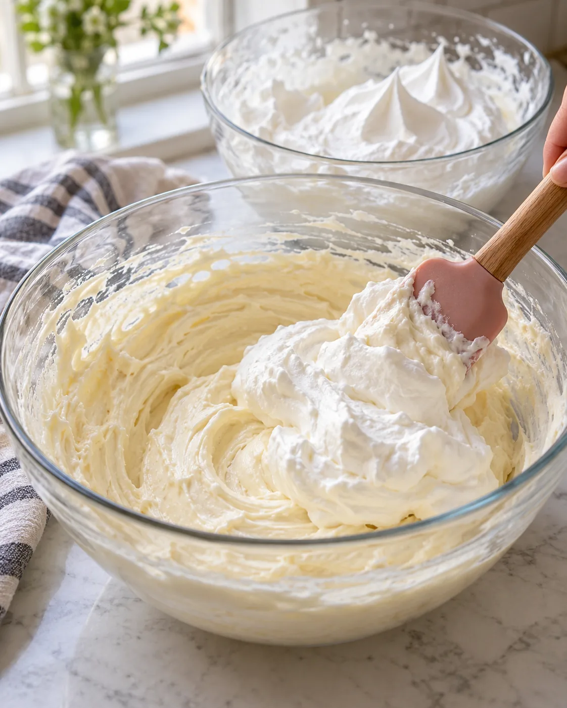 Whipped cream folded into sweetened cream cheese filling