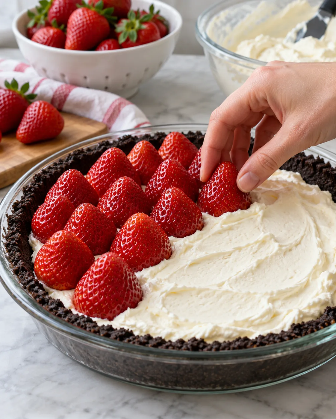 Whole strawberries arranged over cream cheese filling in a chocolate cookie crust