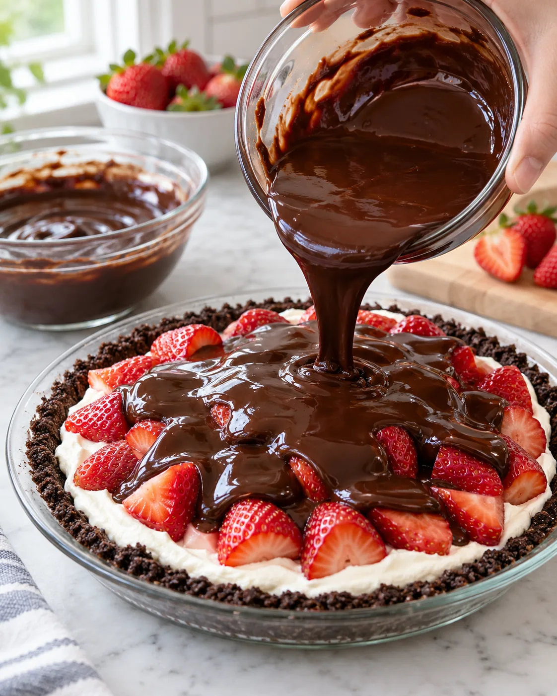 Glossy chocolate ganache poured over strawberry cream pie