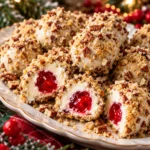 Christmas Cherry Bombs with cherry centers, vanilla cream cheese, white chocolate, graham crackers, and pecans
