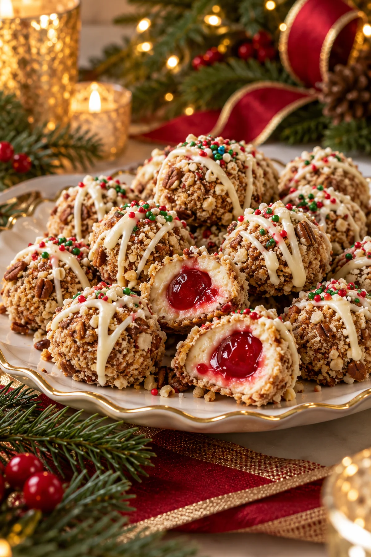 Holiday platter of Christmas Cherry Bombs with white chocolate drizzle and visible cherry centers