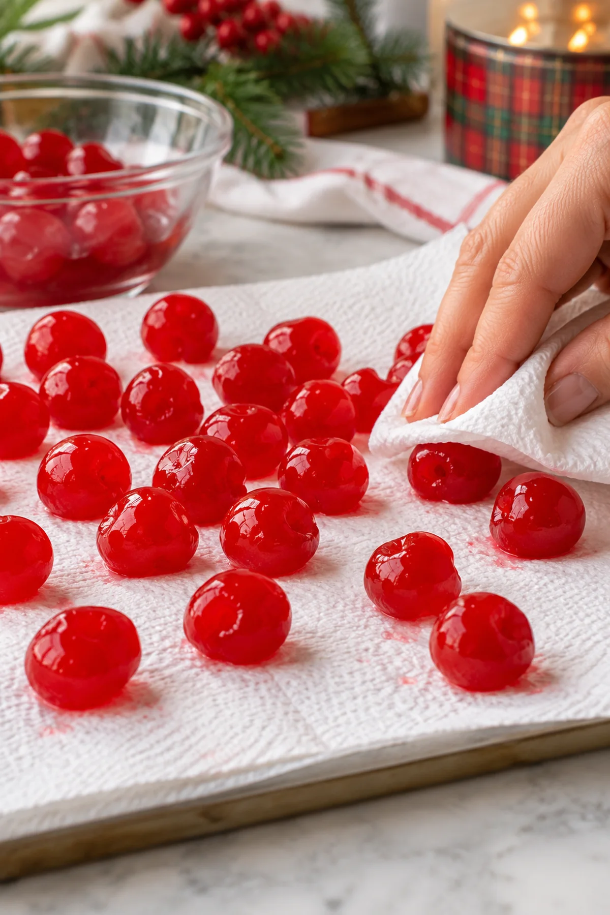 Maraschino cherries drained and thoroughly dried on paper towels for Christmas Cherry Bombs