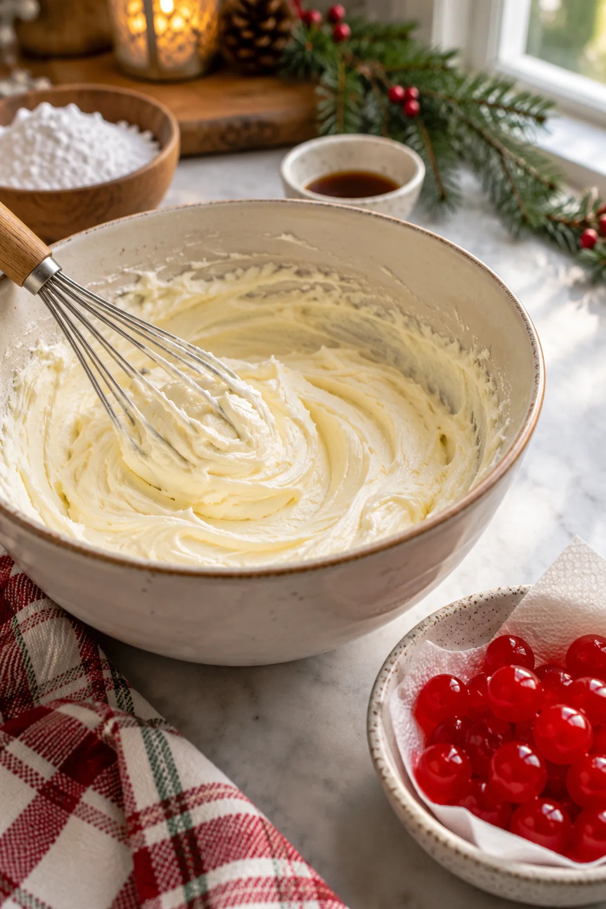 Cream cheese, powdered sugar, and vanilla mixed into a smooth filling with cherries nearby
