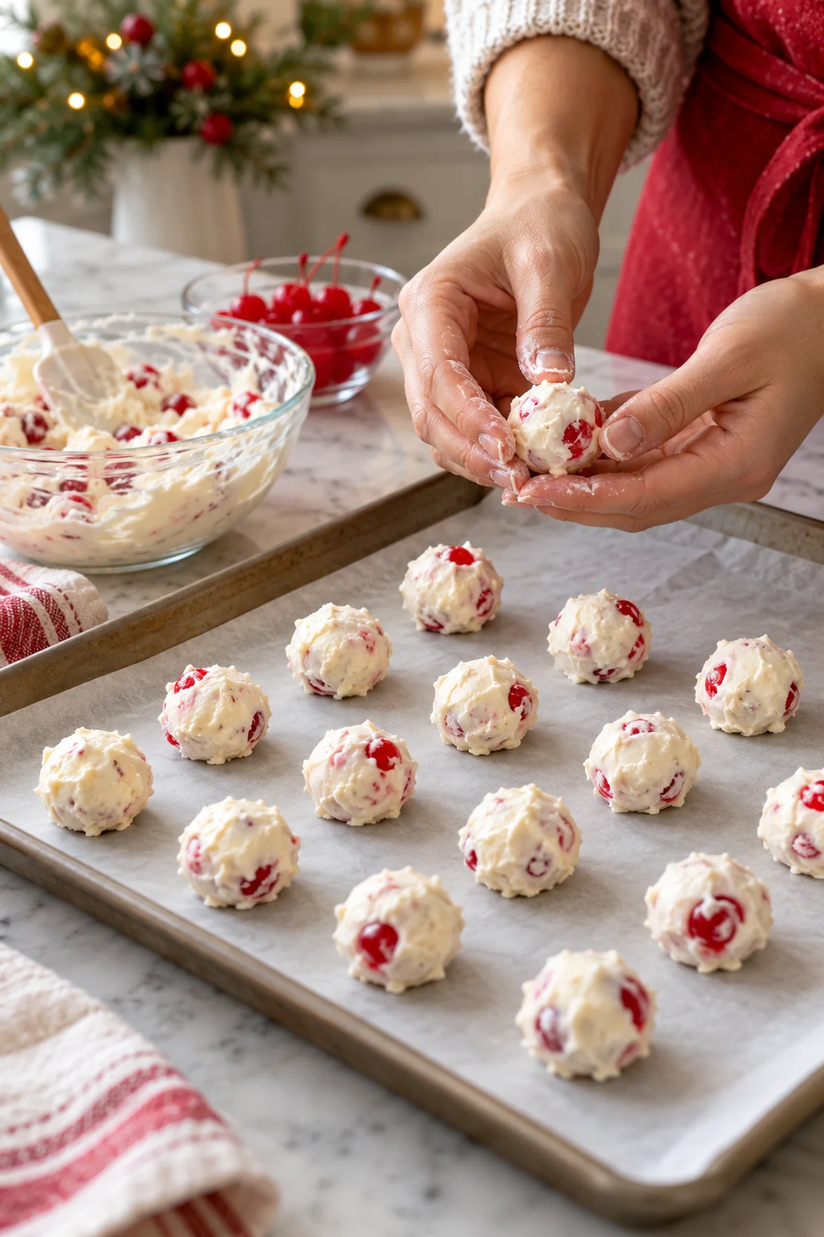 Cream cheese mixture shaped around maraschino cherries on a parchment-lined tray