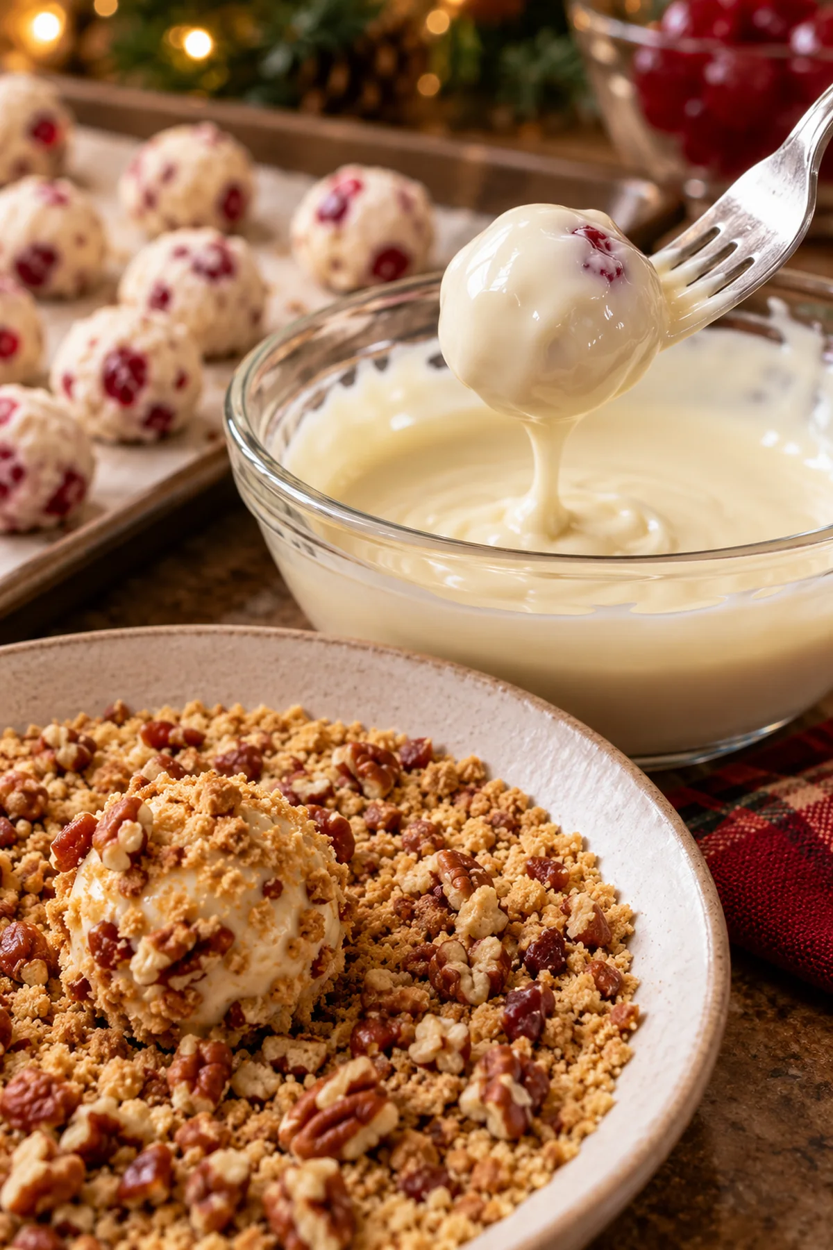 Chilled cherry bomb dipped in melted white chocolate and rolled in graham cracker pecan crumbs