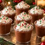 Christmas chocolate coffee liqueur and Irish cream pudding shots with whipped topping and sprinkles