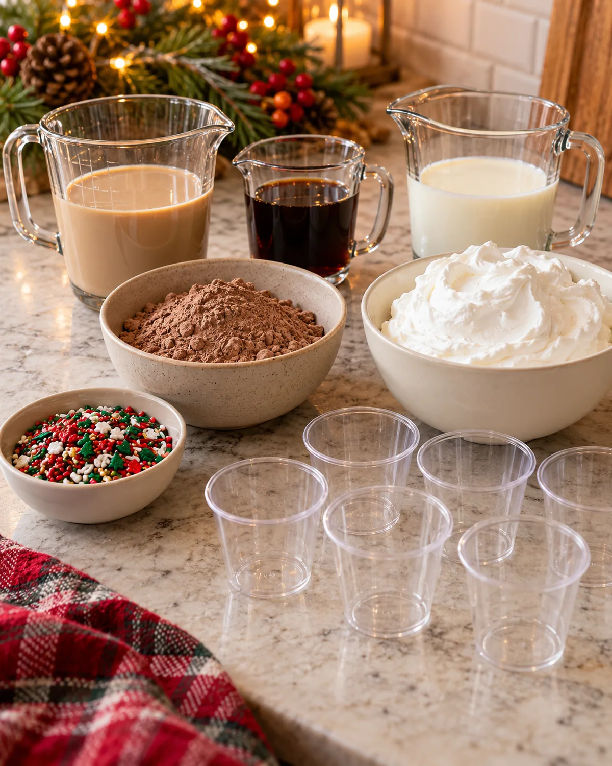 Irish cream, coffee liqueur, chocolate pudding mix, milk, whipped topping, sprinkles, and shot cups