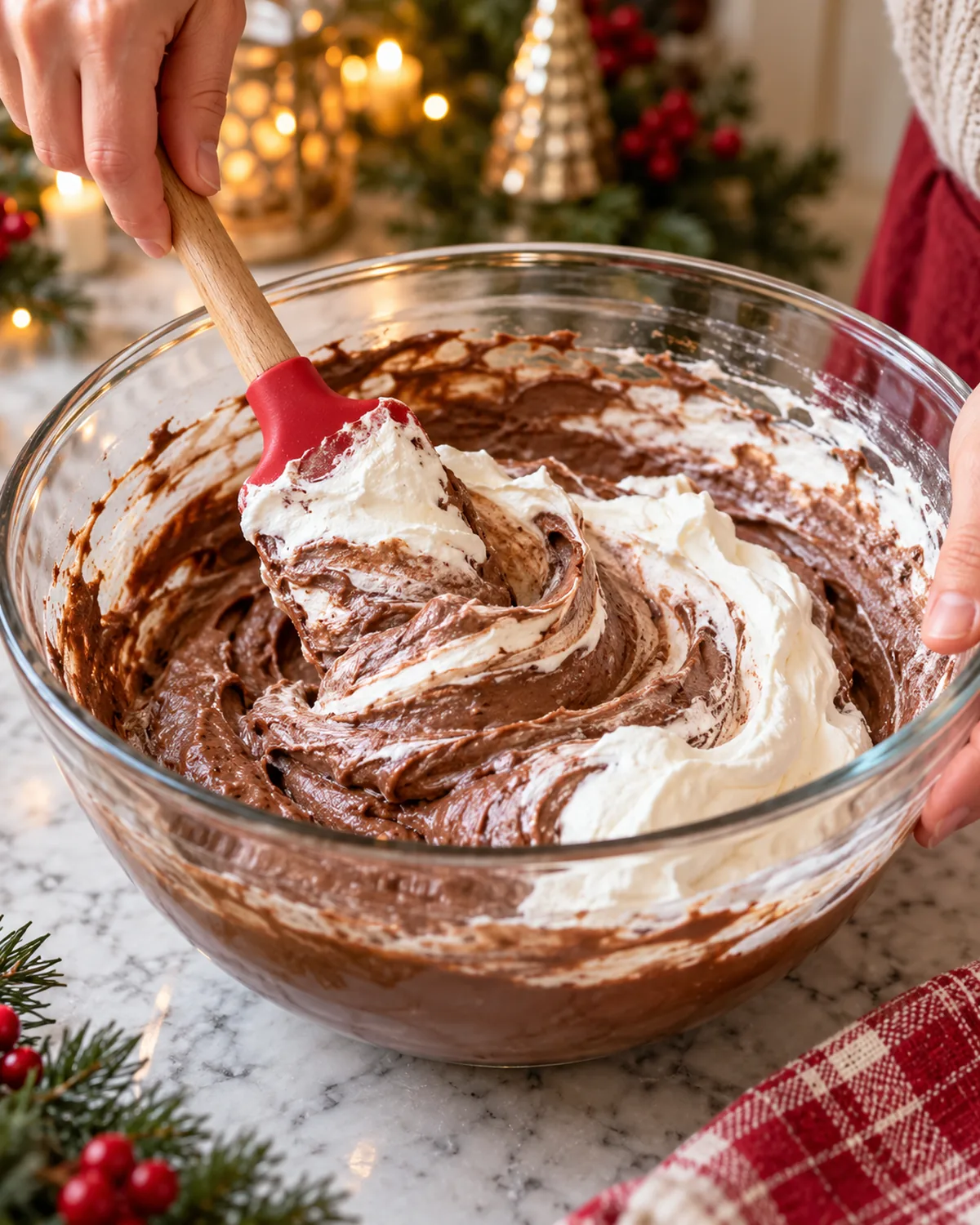 Whipped topping folded gently into chocolate pudding shot mixture
