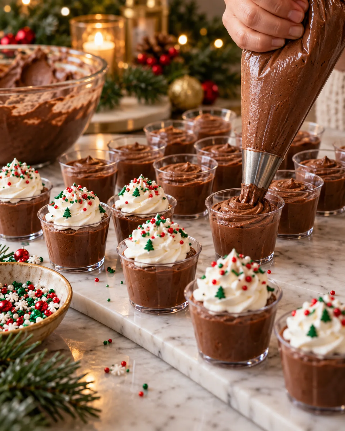 Chocolate pudding mixture piped into cups and decorated with Christmas sprinkles