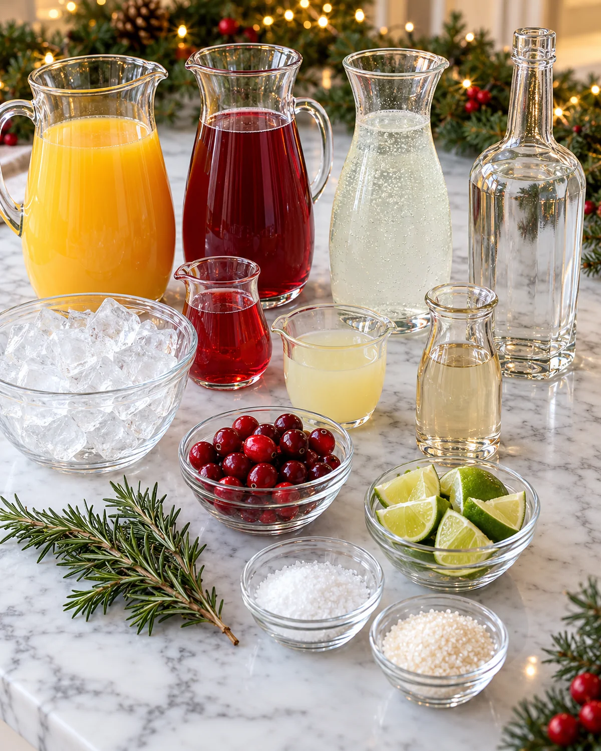 Orange juice, cranberry juice, lemon-lime soda, tequila, cherry juice, lemon, cranberries, rosemary, lime, ice, sugar, and salt