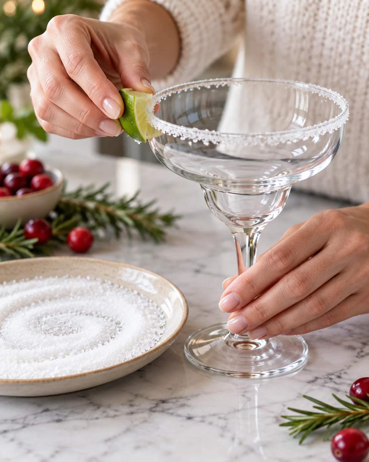Lime wedge rubbed around a margarita glass before dipping the rim in coarse sugar