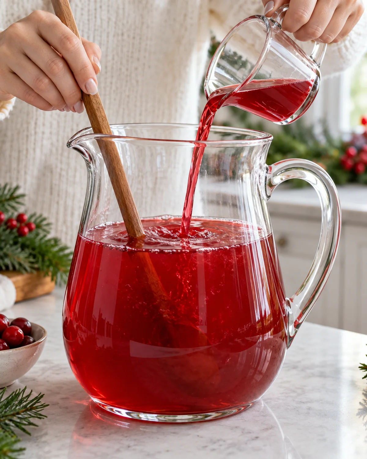 Cranberry, orange, cherry, lemon, and tequila mixture stirred in a clear party pitcher