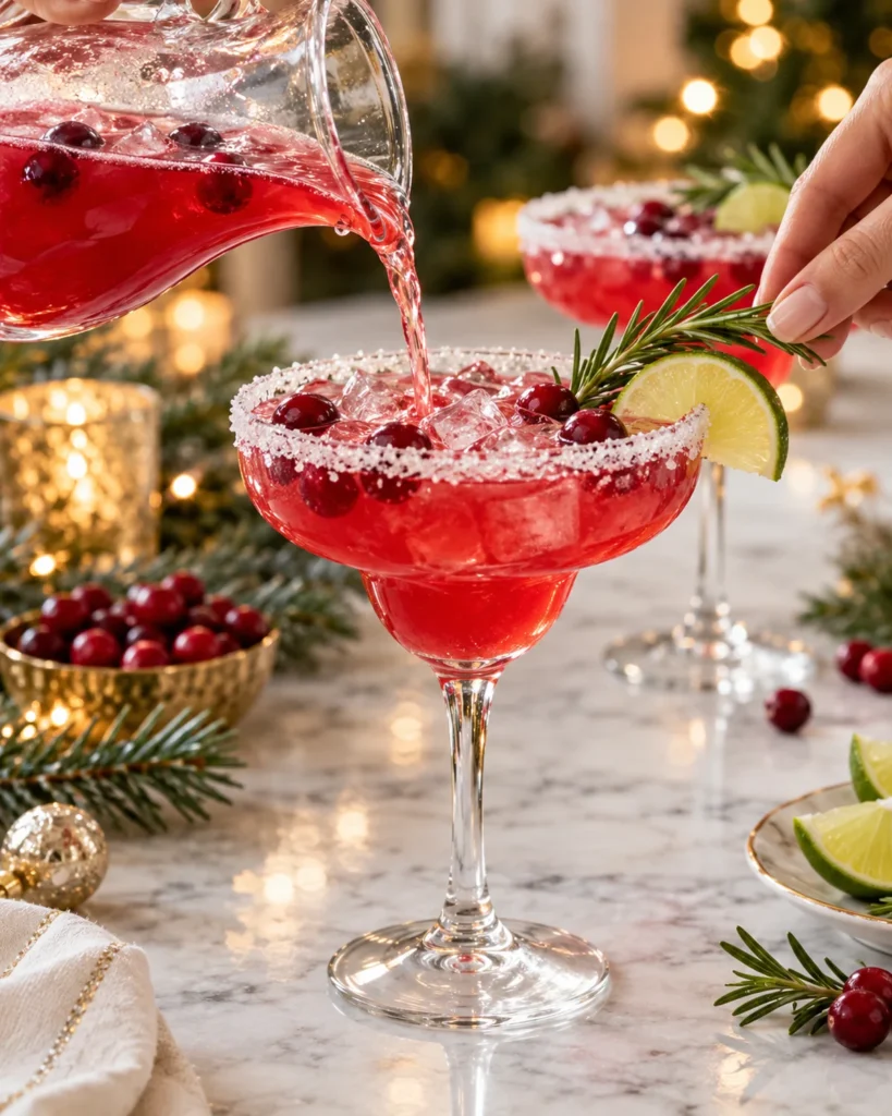 Christmas Mistletoe Margarita poured over ice and garnished with cranberries, rosemary, and lime