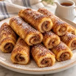 Golden cinnamon French toast roll-ups with powdered sugar and maple syrup
