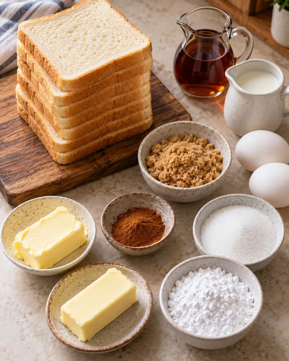 White sandwich bread, butter, brown sugar, cinnamon, eggs, milk, sugar, powdered sugar, and maple syrup