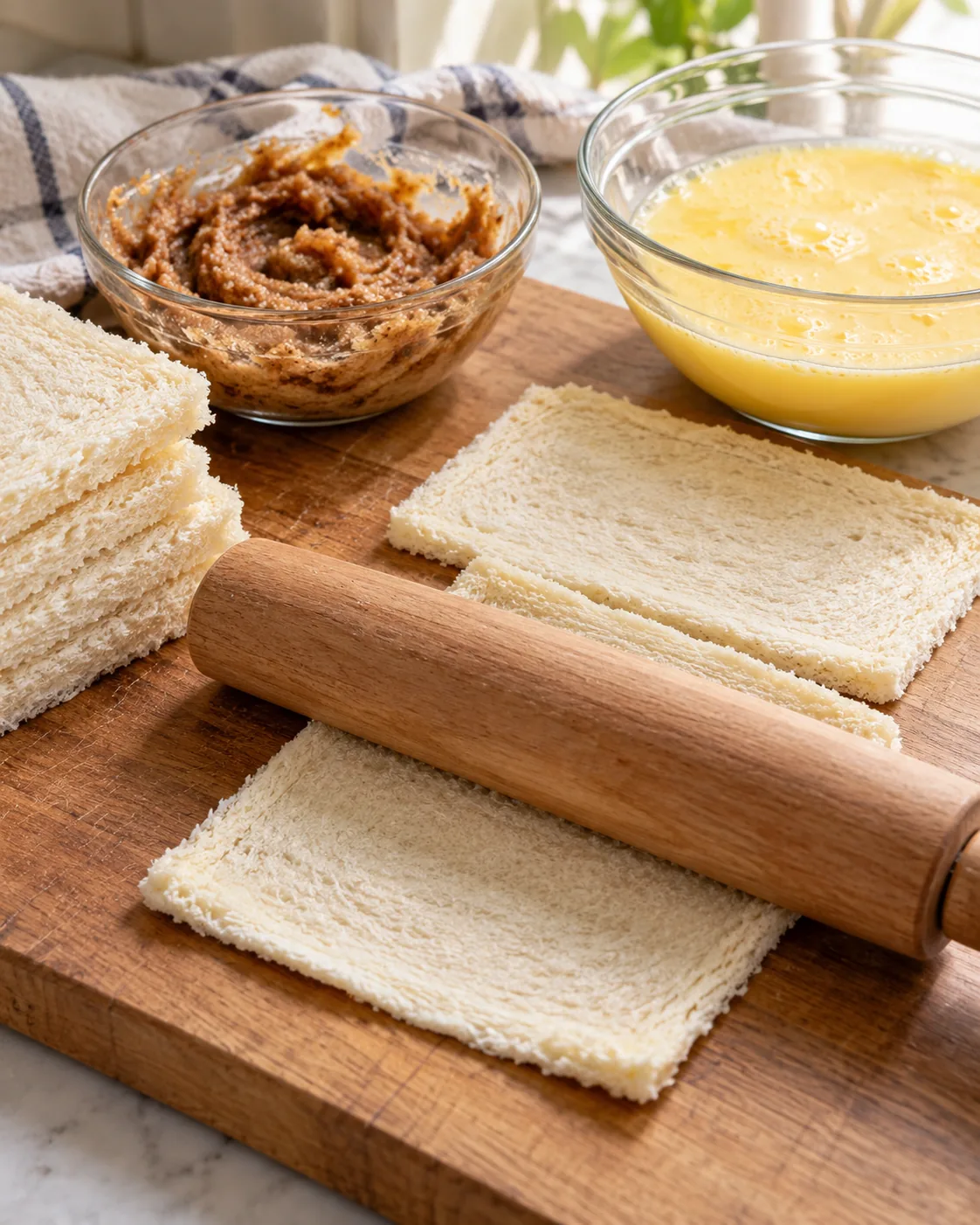 Crustless white bread flattened beside cinnamon butter and egg wash