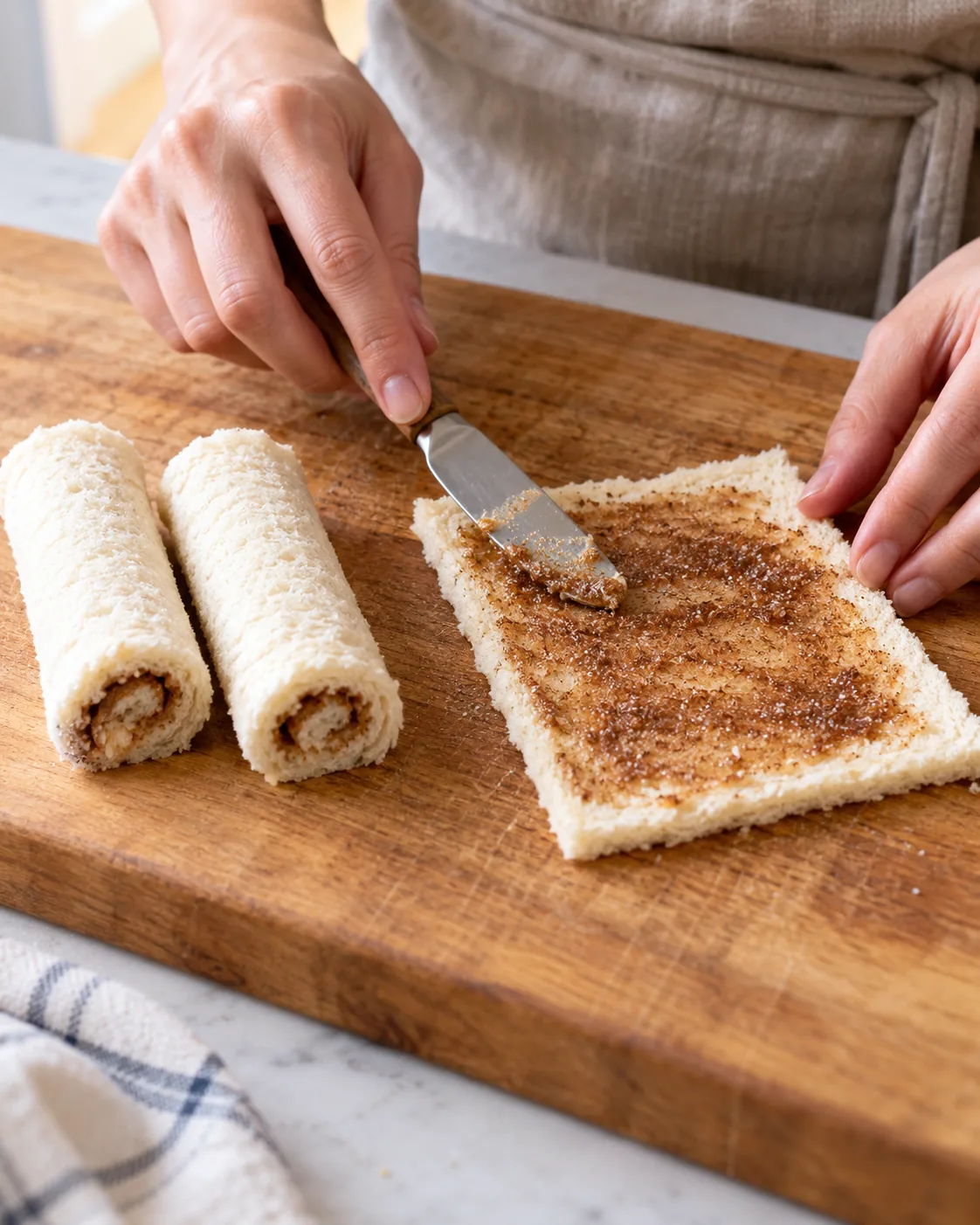 Cinnamon brown sugar butter spread over flattened bread for French toast roll-ups