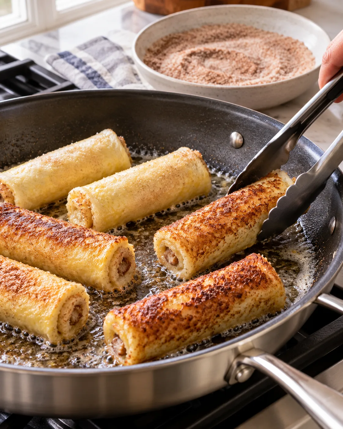 Cinnamon French toast roll-ups browning in butter in a skillet