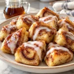 Golden cinnamon roll French toast bites drizzled with icing