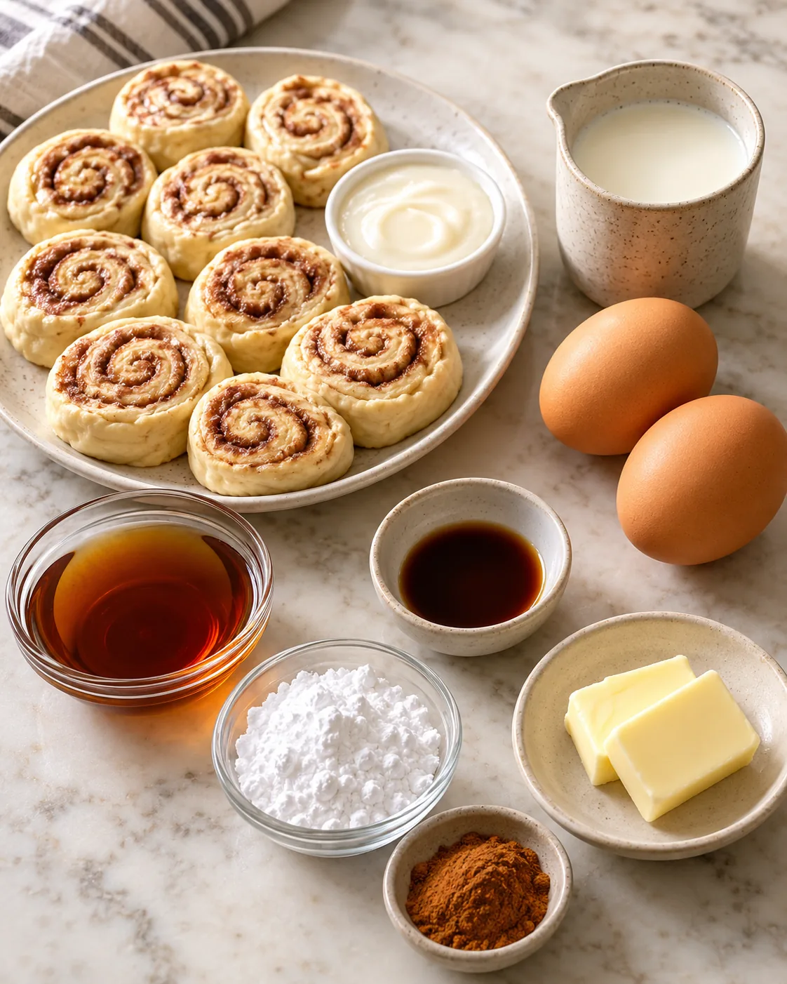 Refrigerated cinnamon rolls, eggs, milk, vanilla, cinnamon, butter, icing, maple syrup, and powdered sugar