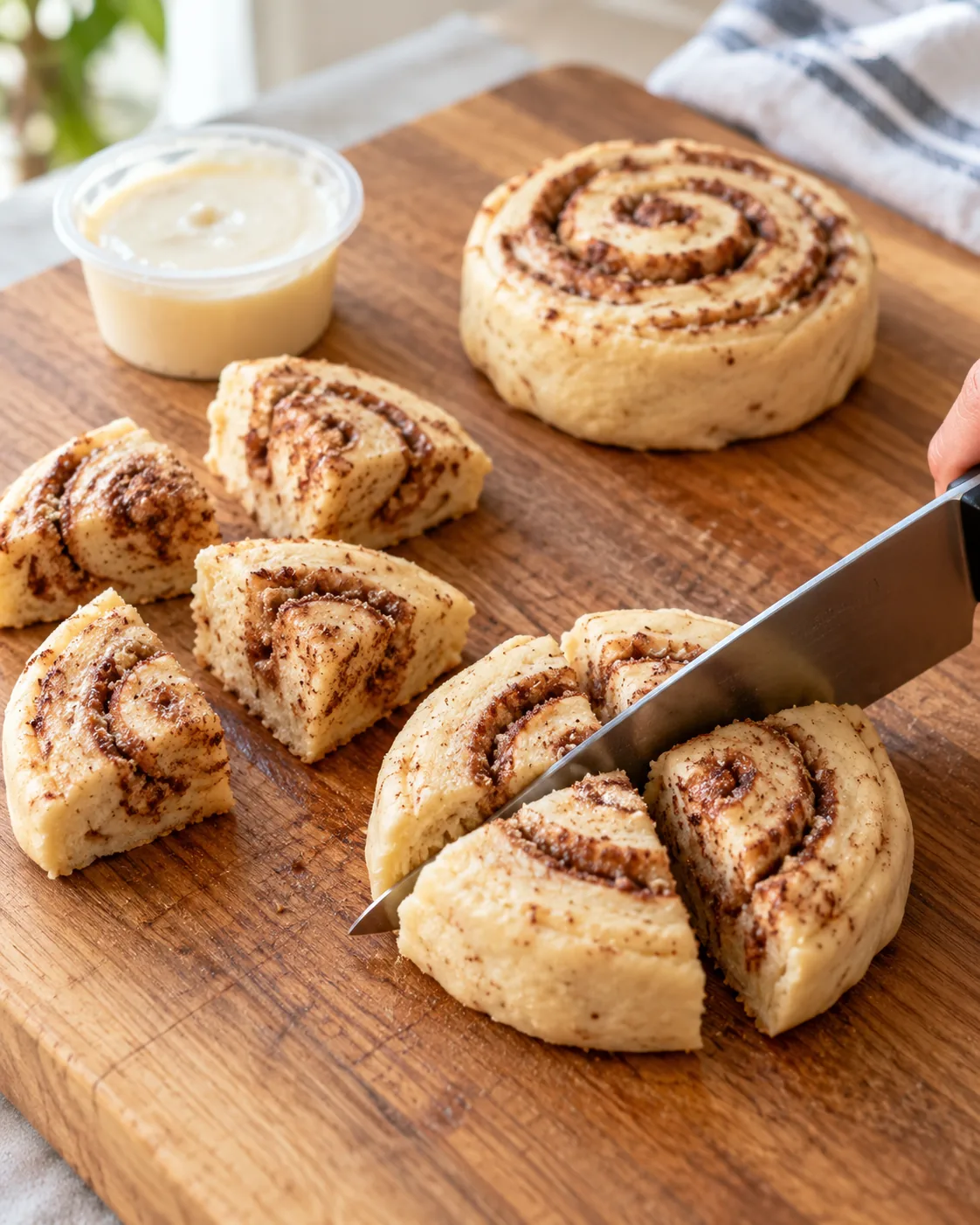 Refrigerated cinnamon rolls cut into bite-size quarters